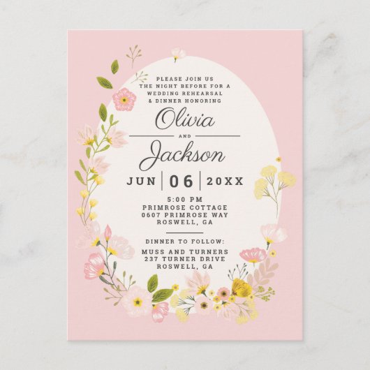 ブッシュピンクの花のポストカードリハーサルディナー招待状 ポストカード (正面)