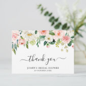 ブッシュピンクの花のモダンな植物学的な結婚式の前祝い サンキューカード (スタンド正面)