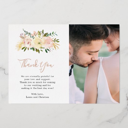 ブッシュピンクの花の写真の結婚式の御礼カード 箔招待状 (正面)