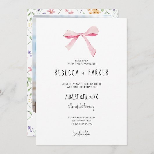 ブッシュピンクの花の結婚式の写真とQRコード 招待状 (正面/裏面)