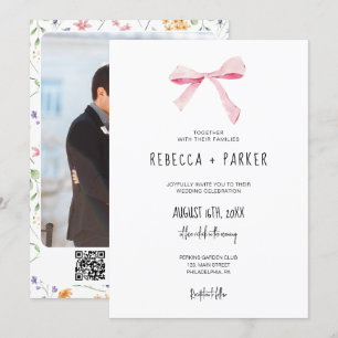 ブッシュピンクの花の結婚式の写真とQRコード 招待状