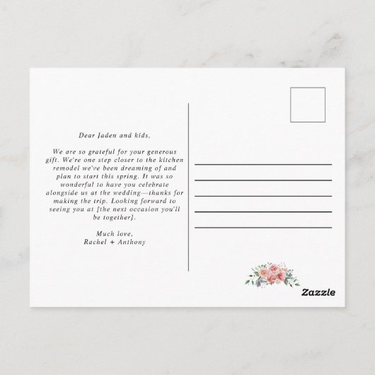 ブッシュピンクの花の結婚式の写真 愛と感謝 ポストカード (裏面)