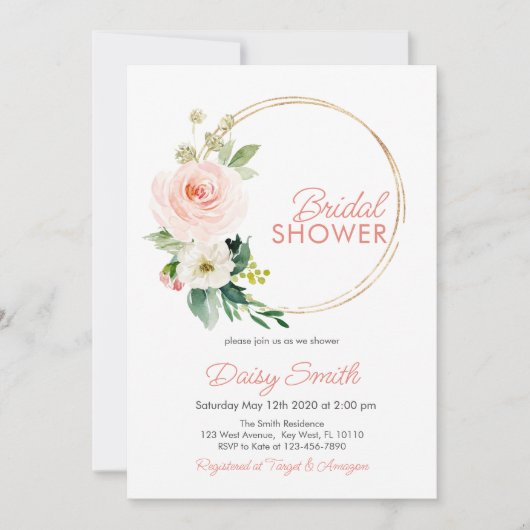 ブッシュピンクの花の結婚式前祝い招待状 招待状 (正面)