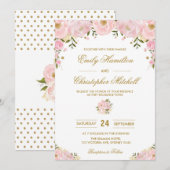 ブッシュピンクの花の結婚式招待状 ゴールドのコンフェッティ 招待状 (正面/裏面)
