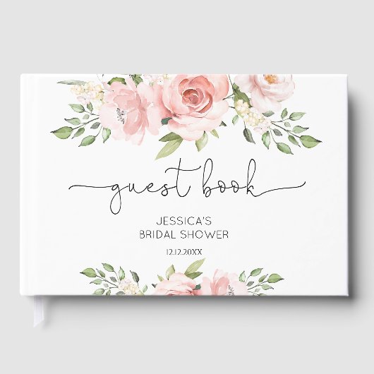 ブッシュピンクの花をあしらったウエディングシャワーのためのゲストブック ゲストブック (正面)