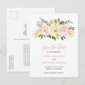 ブッシュピンクの花をあしらったエレガントな結婚式のSave the Date 案内ポストカード (正面/裏面)