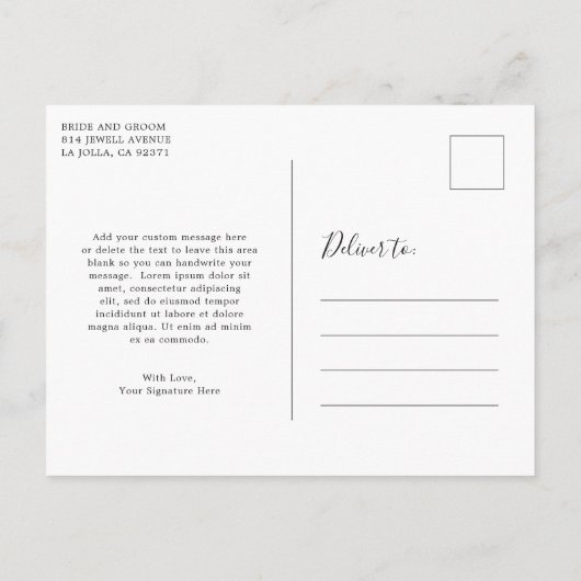 ブッシュピンクの花をあしらったエレガントな結婚式のSave the Date 案内ポストカード (裏面)