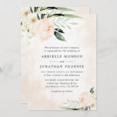 ブッシュピンクの花を飾ったエレガントなシャンパーニュガーデンウェディング 招待状 (正面/裏面)