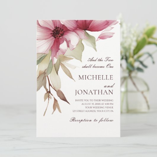 ブッシュピンクの花モチーフのクリスチャン聖書の一節 ウェディング 招待状 (スタンド正面)