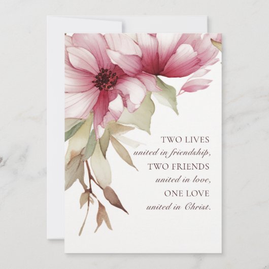 ブッシュピンクの花モチーフのクリスチャン聖書の一節 ウェディング 招待状 (裏面)