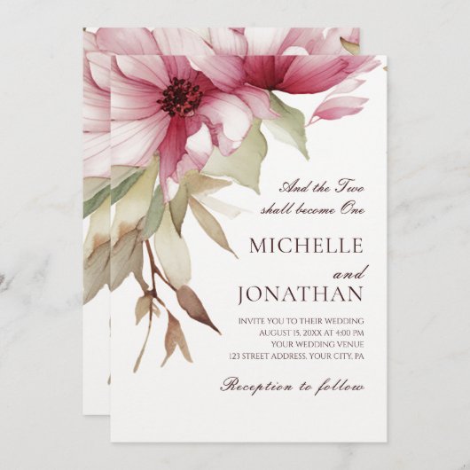 ブッシュピンクの花モチーフのクリスチャン聖書の一節 ウェディング 招待状 (正面/裏面)