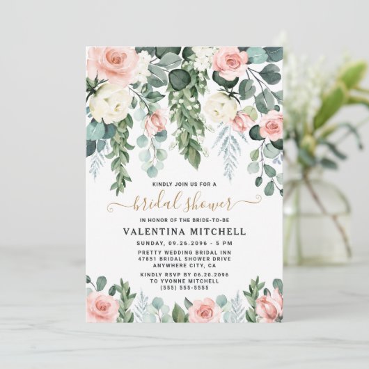 ブッシュピンクの花園の水彩画 ブライダルシャワー 招待状 (スタンド正面)