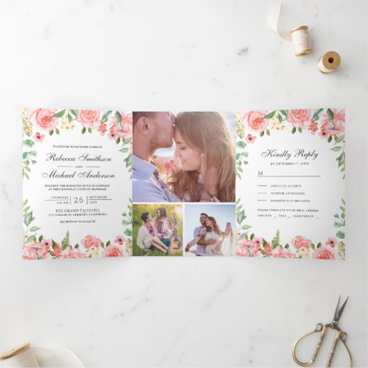 ブッシュピンクの花園フォトコラージュウェディング 三つ折り招待状 (内部)