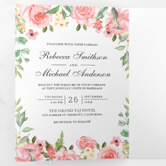 ブッシュピンクの花園フォトコラージュウェディング 三つ折り招待状 (内部最初)