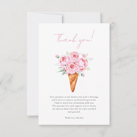 ブッシュピンクの花柄アイスクリーム ブライダルシャワー サンキューカード (正面)