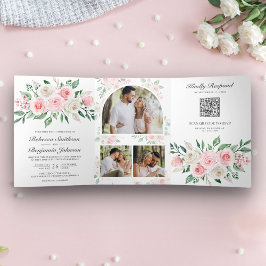ブッシュピンクの花柄オールインワンQRコード ウェディング 三つ折り招待状
