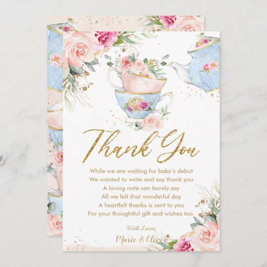 ブッシュピンクの花柄ティーパーティー ベビーシャワー 誕生日 サンキューカード (正面/裏面)