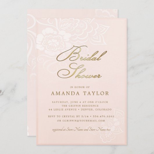 ブッシュピンクの花柄レース  ブライダルシャワー 招待状 (正面/裏面)