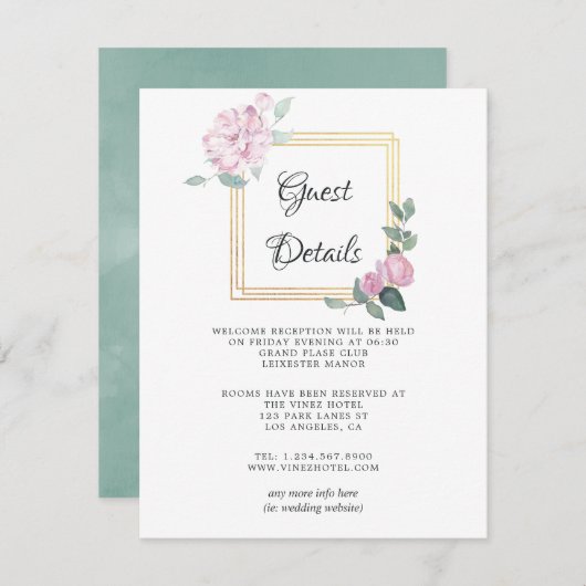 ブッシュピンクの花柄幾何学模様の結婚式ゲスト詳細 エンクロージャーカード (正面/裏面)