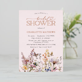 ブッシュピンクの野の花の水彩画ブライダルシャワー 箔招待状