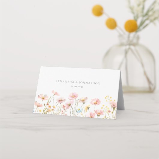 ブッシュピンクの野花の草原の結婚式 プレイスカード (裏面)