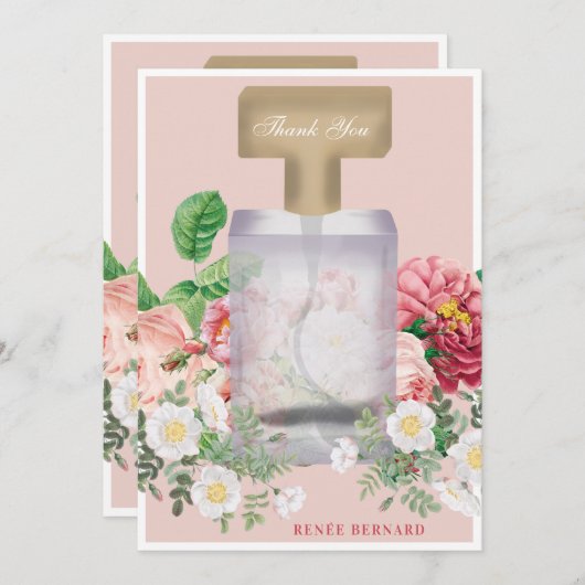 ブッシュピンクの香水ボトル 花のデザイン ウェディングシャワー サンキューカード (正面/裏面)