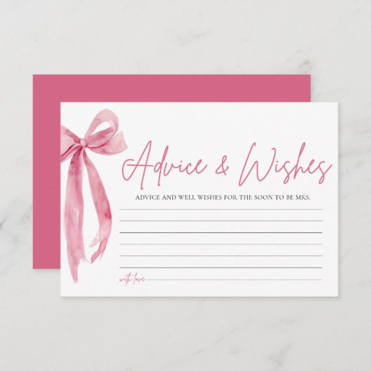 ブッシュピンクの bow ブライダルシャワーのアドバイスと願いカード 招待状 (正面/裏面)