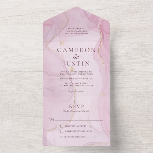 ブッシュピンクゴールドの水彩画 ウェディングオールインワン招待状 オールインワン招待状 (内側)