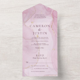 ブッシュピンクゴールドの水彩画 ウェディングオールインワン招待状 オールインワン招待状