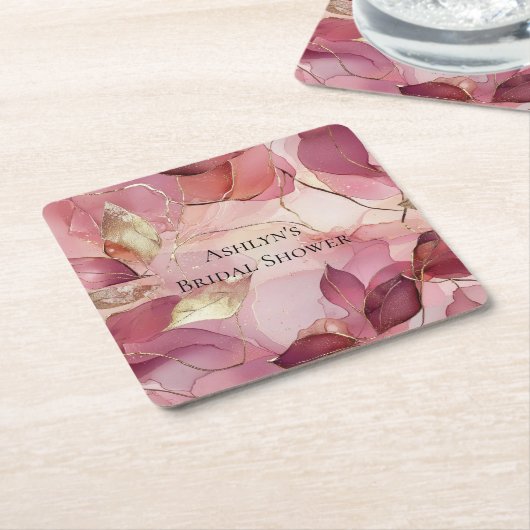 ブッシュピンクゴールドリーフ ブライダルシャワー スクエアペーパーコースター (アングル)