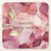 ブッシュピンクゴールドリーフ ブライダルシャワー スクエアペーパーコースター (正面)