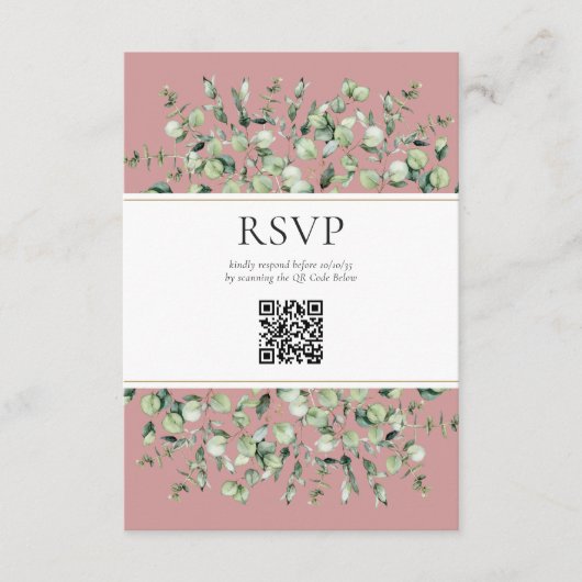 ブッシュピンクユーカリQRコード結婚式RSVP エンクロージャーカード (正面)
