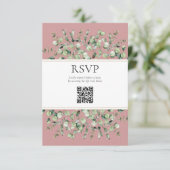 ブッシュピンクユーカリQRコード結婚式RSVP エンクロージャーカード (スタンド正面)