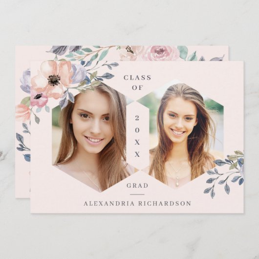 ブッシュピンク幾何学フラワー | フォト グラッド パーティー 招待状 (正面/裏面)