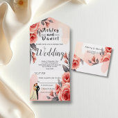 ブッシュピンク水彩花嫁と花婿のウェディング オールインワン招待状