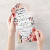 ブッシュピンク水彩花嫁と花婿のウェディング オールインワン招待状 (貼ってはがせる)
