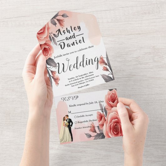 ブッシュピンク水彩花嫁と花婿のウェディング オールインワン招待状 (貼ってはがせる)