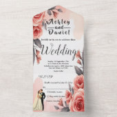 ブッシュピンク水彩花嫁と花婿のウェディング オールインワン招待状 (内側)