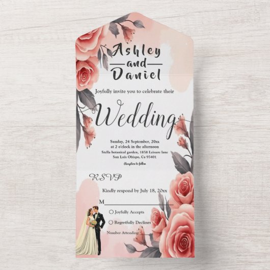 ブッシュピンク水彩花嫁と花婿のウェディング オールインワン招待状 (内側)