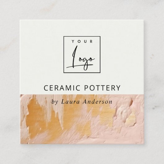 ブッシュピンク金ゴールド絵を描油テクスチャロゴQRコード スクエア名刺 (正面)