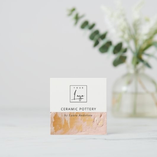 ブッシュピンク金ゴールド絵を描油テクスチャロゴQRコード スクエア名刺 (スタンド正面)