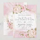 ブッシュピンク ウォーターカラー フラワー＆フレーム ゴールド ウェディング 招待状 (正面/裏面)