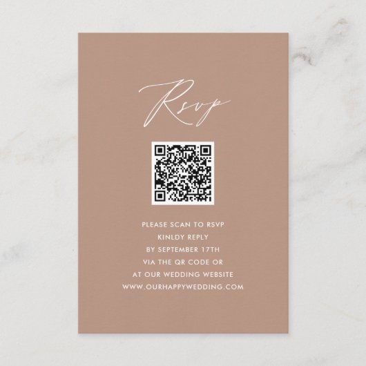ブッシュピンク エレガント スクリプト シンプル QR ウェディング RSVP エンクロージャーカード (正面)