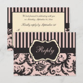 ブッシュピンク、クリーム、グレー ストライプ ダマスク 返信カード 招待状 (正面/裏面)