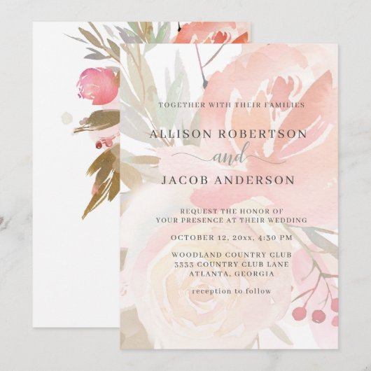 ブッシュピンク クリーム ピーチ セージグリーン ウェディング 招待状 (正面/裏面)