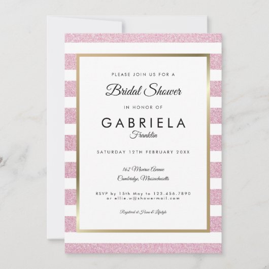 ブッシュピンク グリッター ストライプ ウェディング ブライダルシャワー 招待状 (正面)