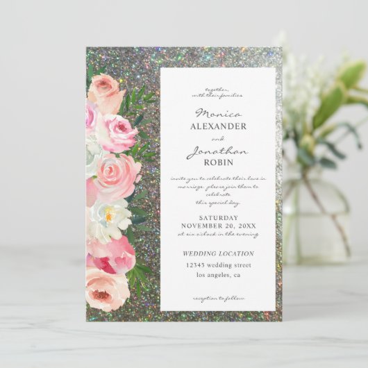 ブッシュピンク＆グレーの花とシルバーのグリッターのウェディング 招待状 (スタンド正面)