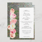 ブッシュピンク＆グレーの花とシルバーのグリッターのウェディング 招待状 (正面/裏面)