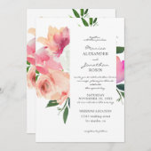ブッシュピンク&グレーの花の植物の結婚式の招待状V2 招待状 (正面/裏面)