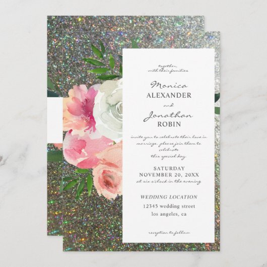 ブッシュピンク グレー フラワー&シルバーグリッター ウェディング2 招待状 (正面/裏面)